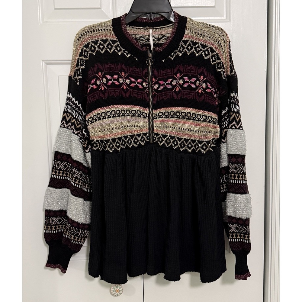 Free People Cozy Cottage Fair Isle Thermal Metallic Sweater Tunic Top Size Small